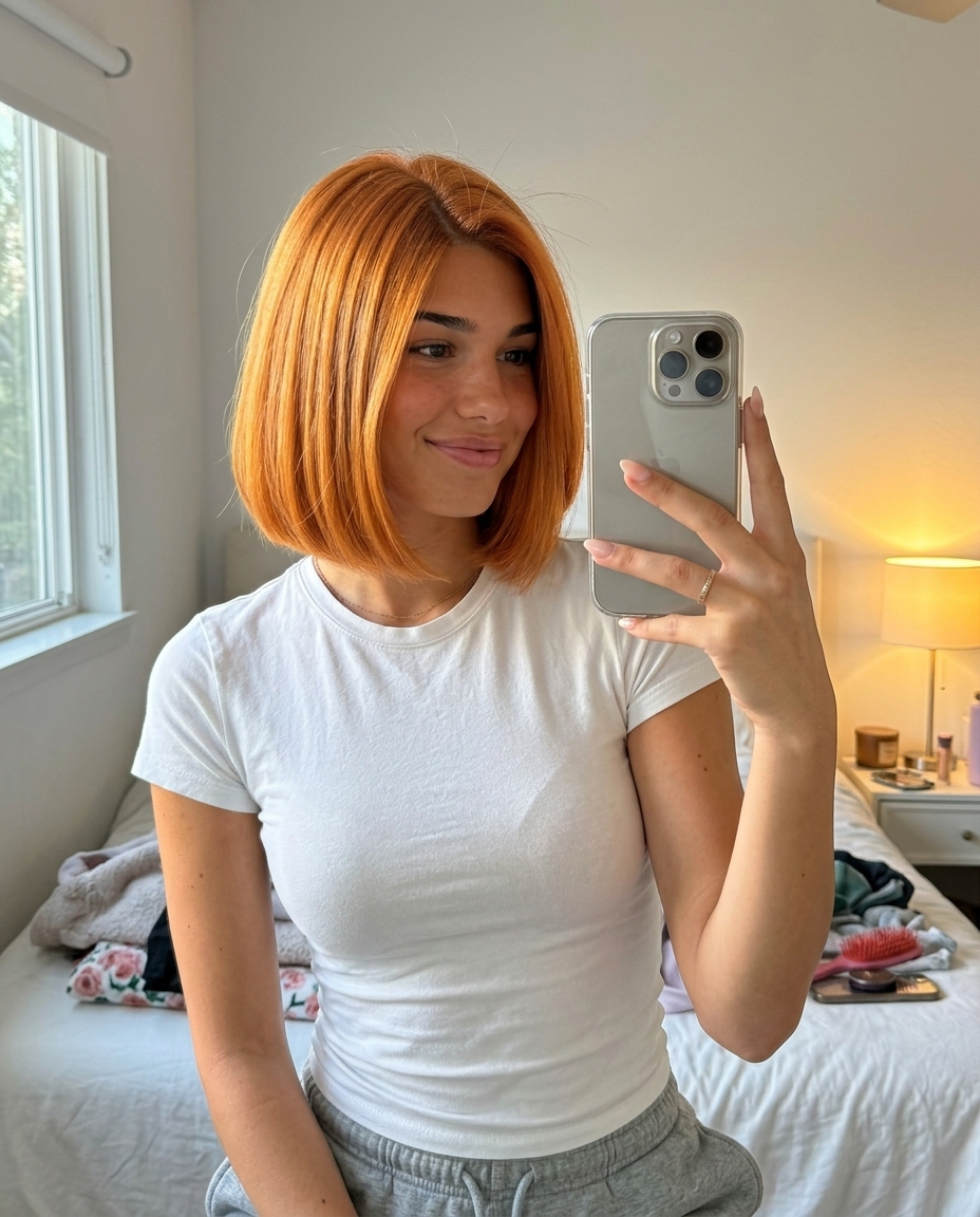 short bright strawberry blonde italian bob with blunt perimeter and deep side part for city chic