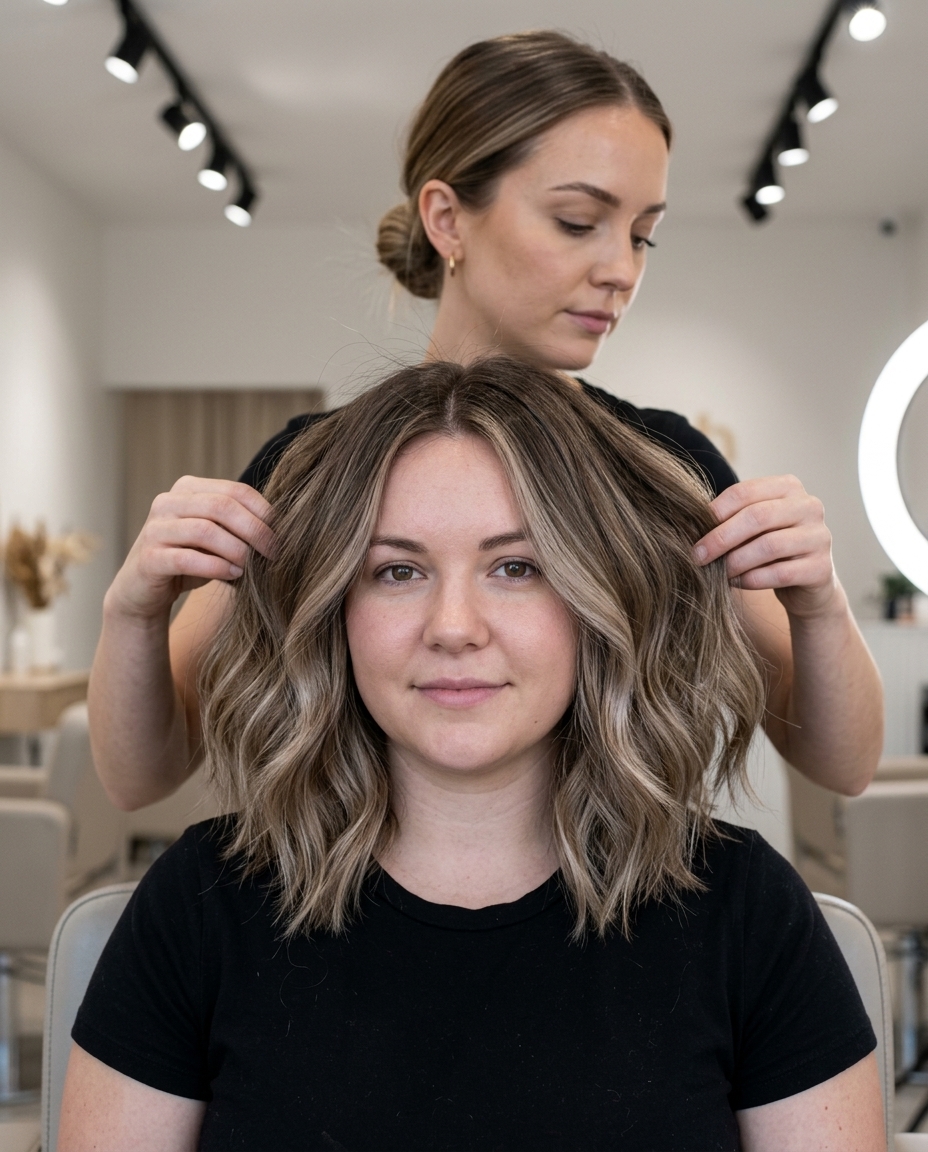 Sun-Kissed Bronde Lob 2026 collarbone lob haircut in mushroom bronde balayage with razored ends and face-framing pieces