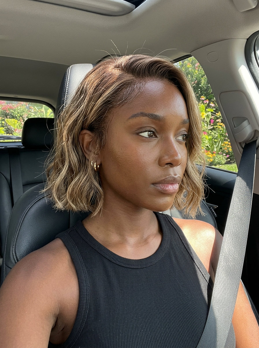 short wavy bob haircut with bronde color, air-dried texture for daily wear