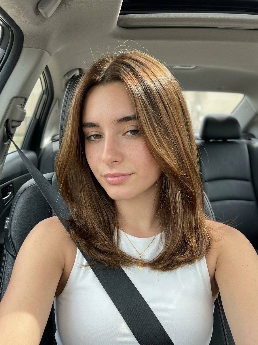 Bronze Gleam Brunette 2026 long bronze gleam brunette with subtle gold reflection, all-over warm polished shine for professional settings