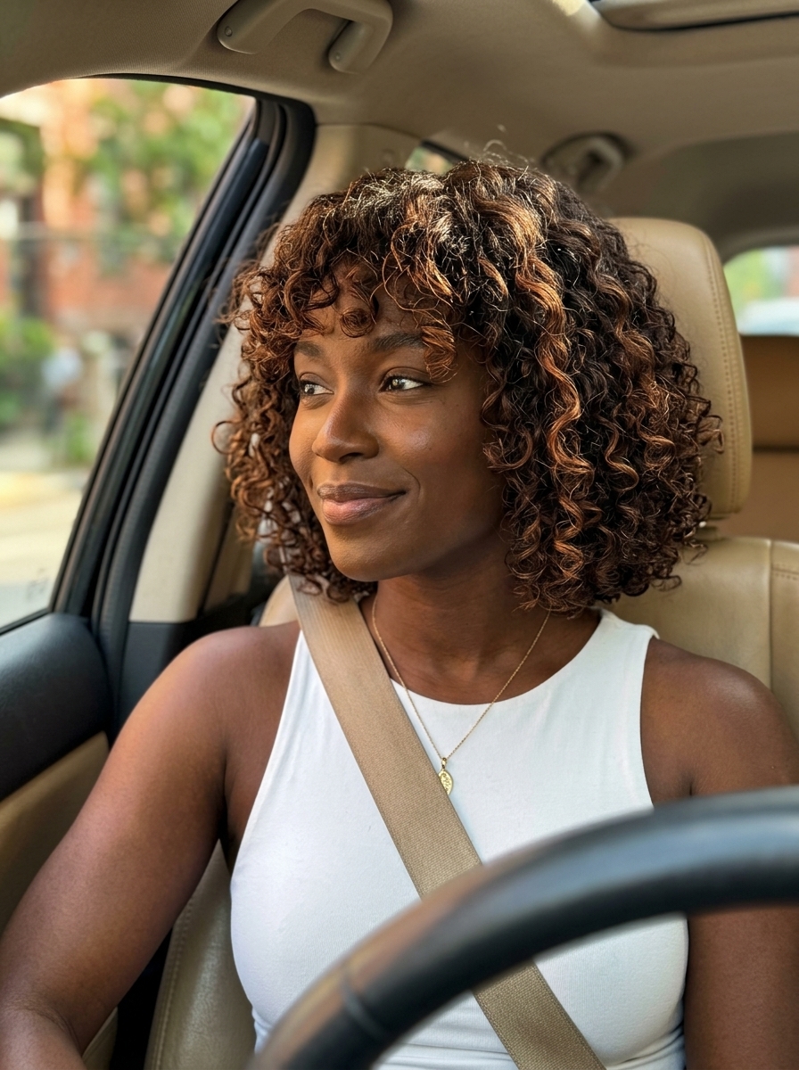 chin-length curly bob with copper accents and textured bangs for summer