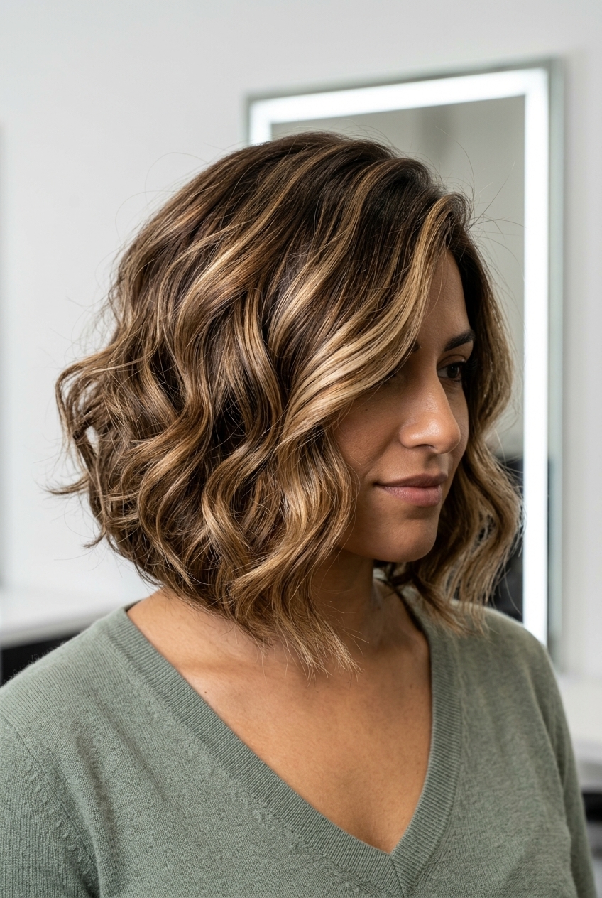 chin-length bob haircut with buttercream blonde balayage, honey caramel highlights, deep side part — bold glamorous
