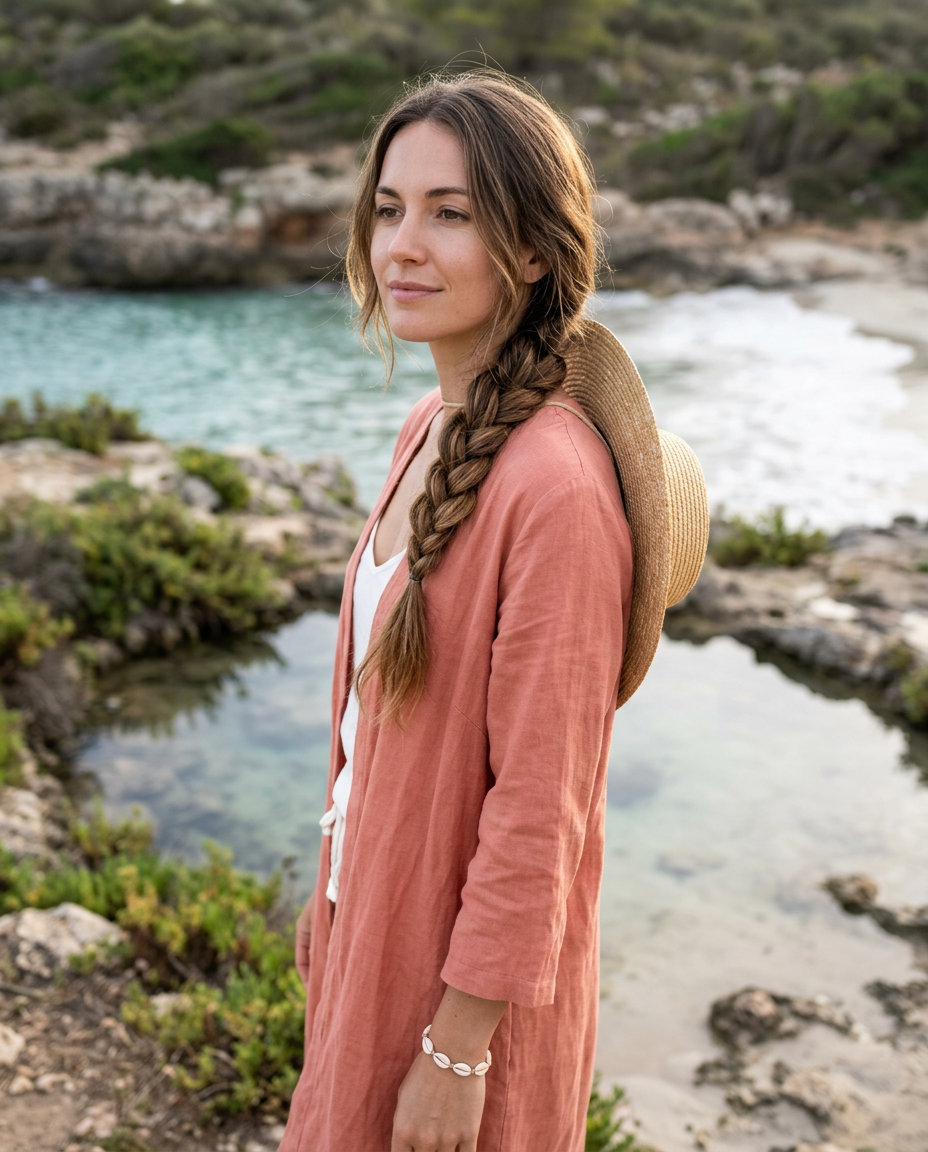 long natural brunette side braid with subtle highlights and pulled-apart texture for summer