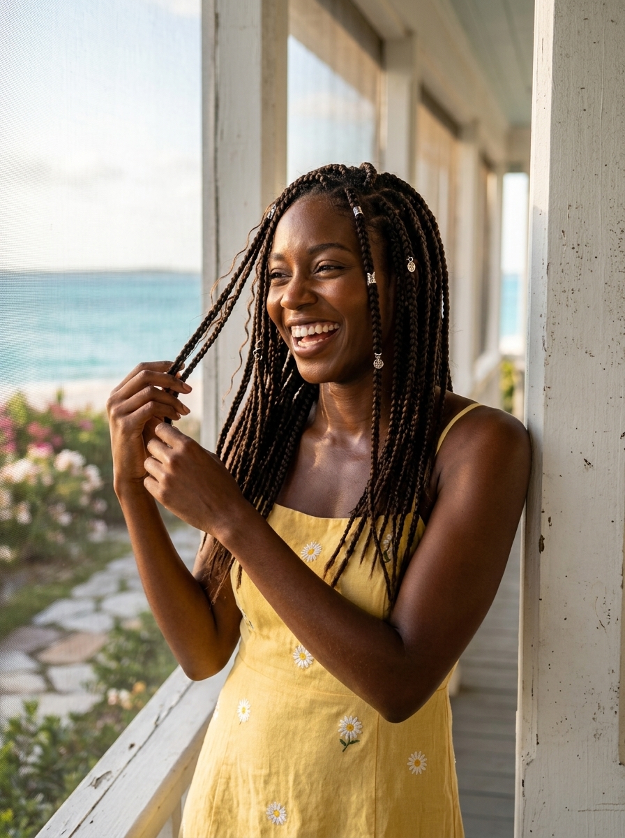 medium knotless braids hairstyle in deep brunette, silver charms, point-cut ends — playful bohemian