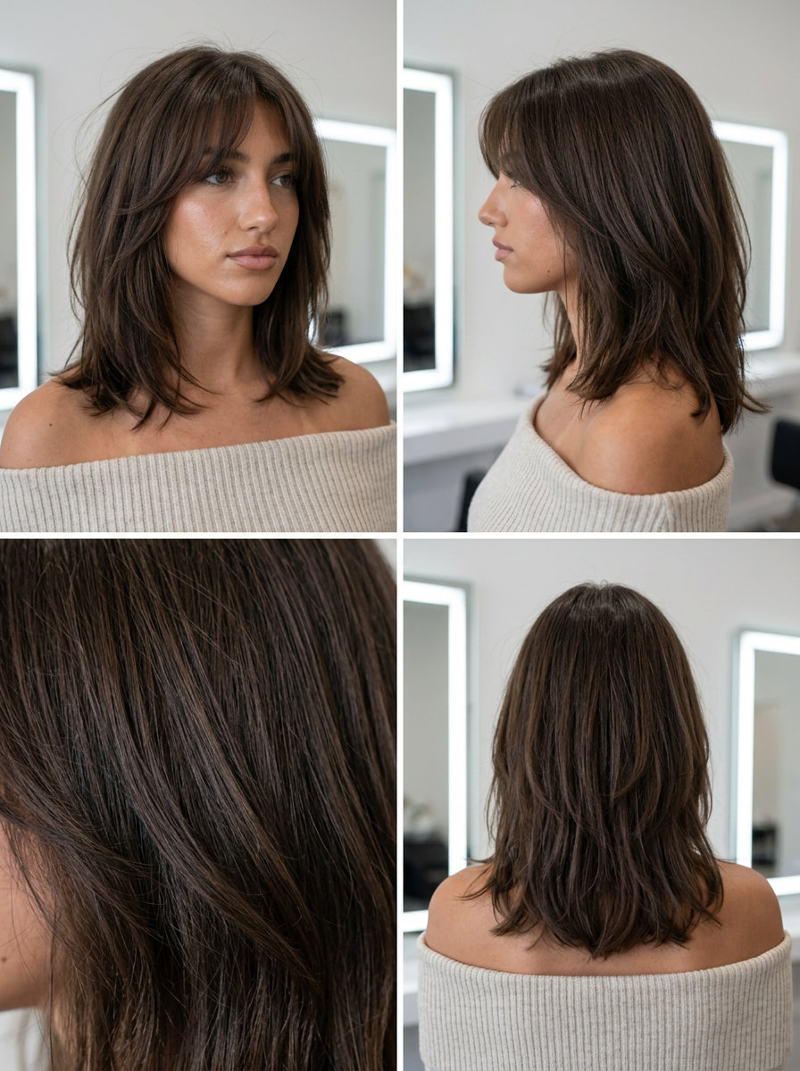 shoulder-length shag lob in rich brunette with soft internal layers and grown-out fringe for natural waves