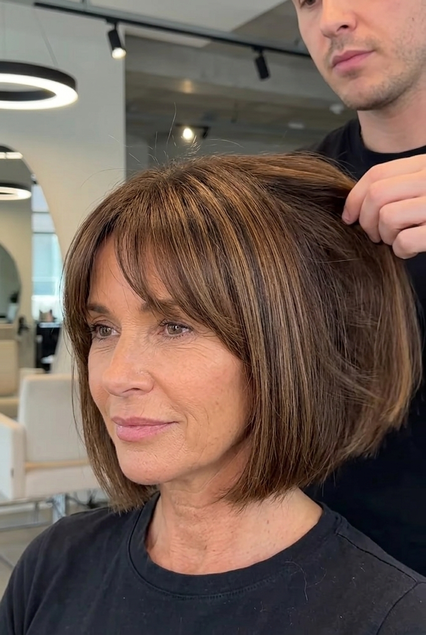 short brunette bob haircut with caramel babylights and fringe for summer