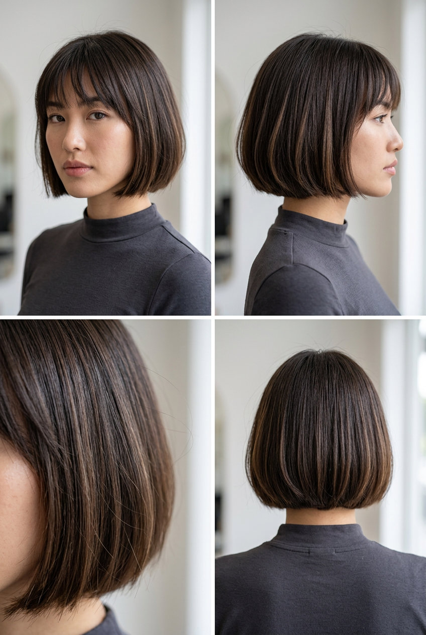 Chic Brunette French Bob with Bangs 2026 short french bob with cool brunette and caramel ribbons and piecey bangs for chic style