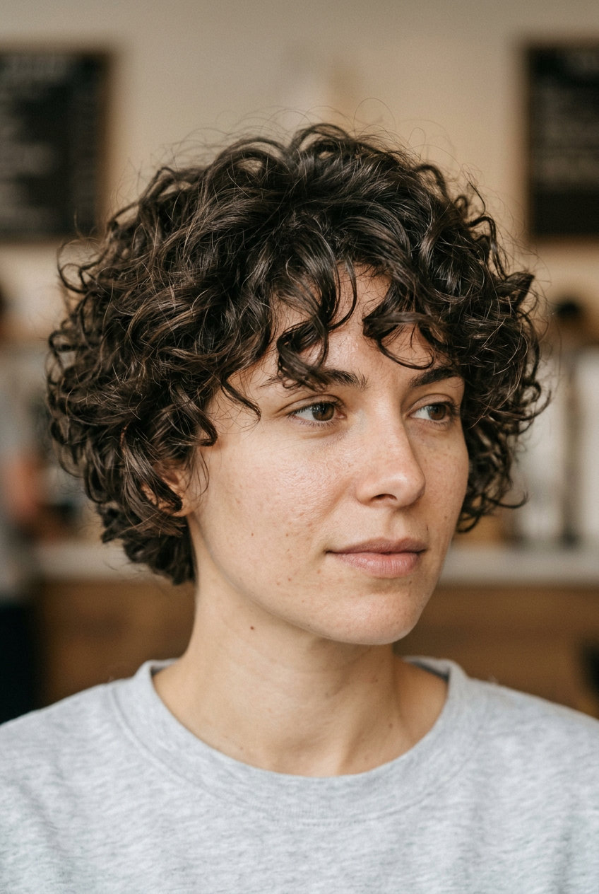 Bohemian Summer Pixie Haircuts 2026: Curly Brunette very short layered pixie haircut with natural brunette and honey balayage, enhanced curls — effortless beach day