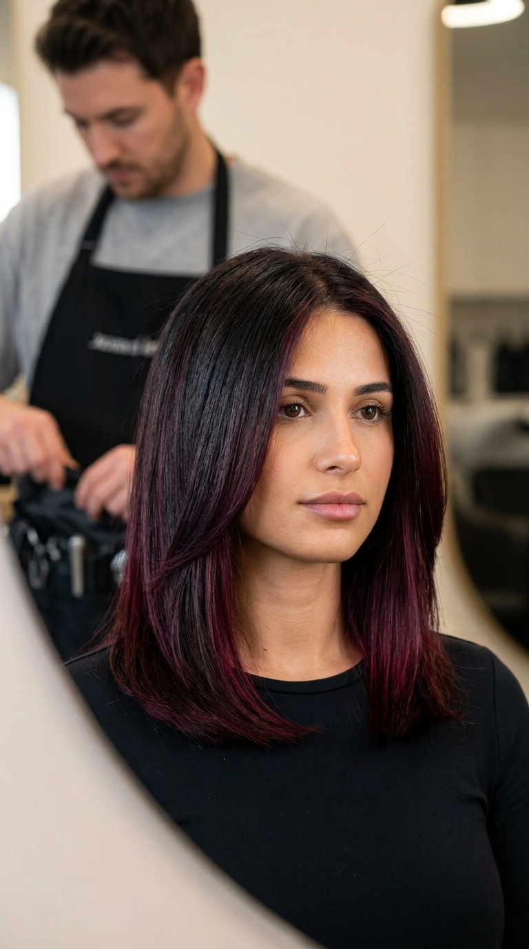 undercut with burgundy peekaboo highlights, rich wine red color, slicing technique — edgy nightlife look