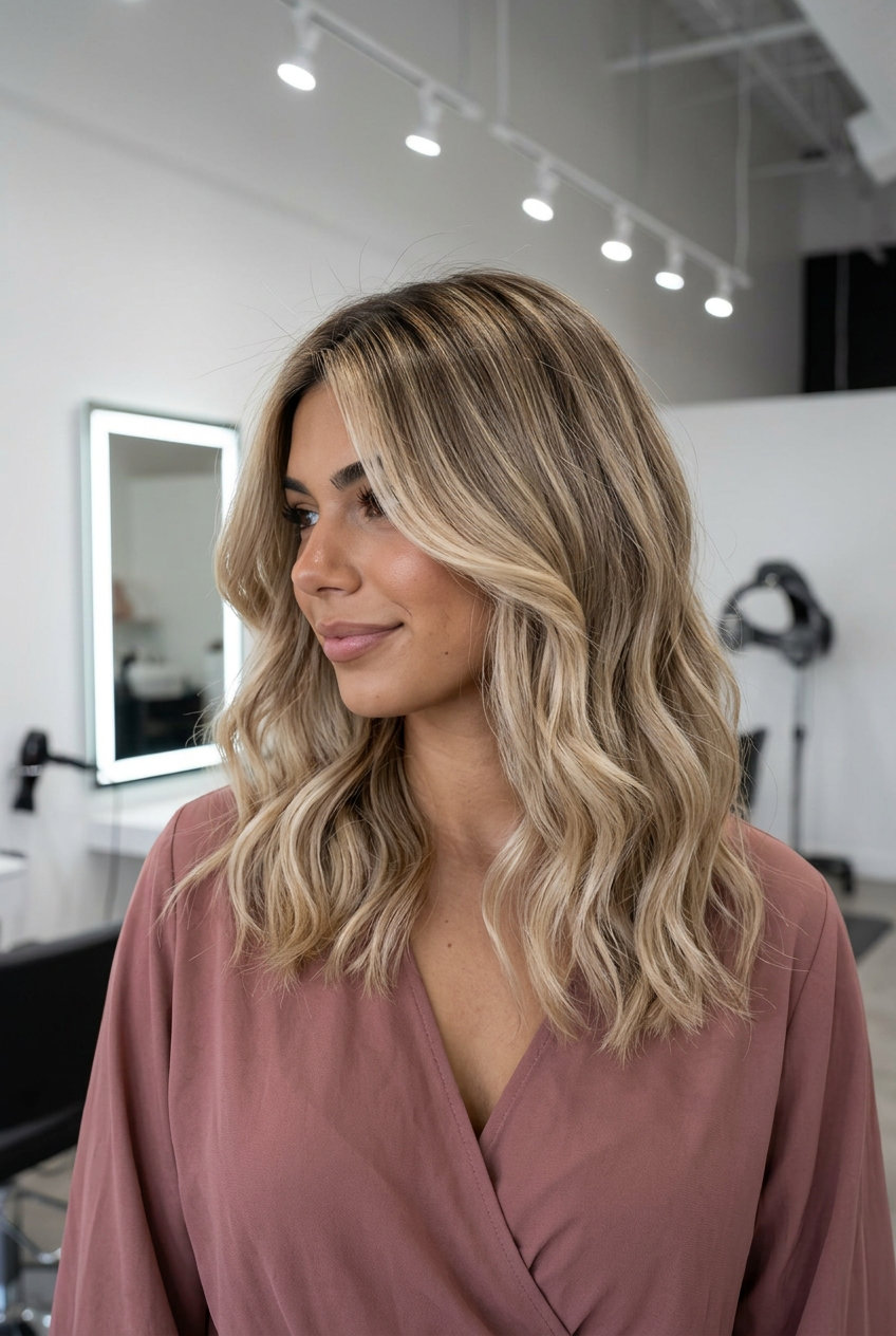 long layers with U-shaped back and butter-cream balayage highlights, pale gold vanilla bean color, painted technique — radiant summer style