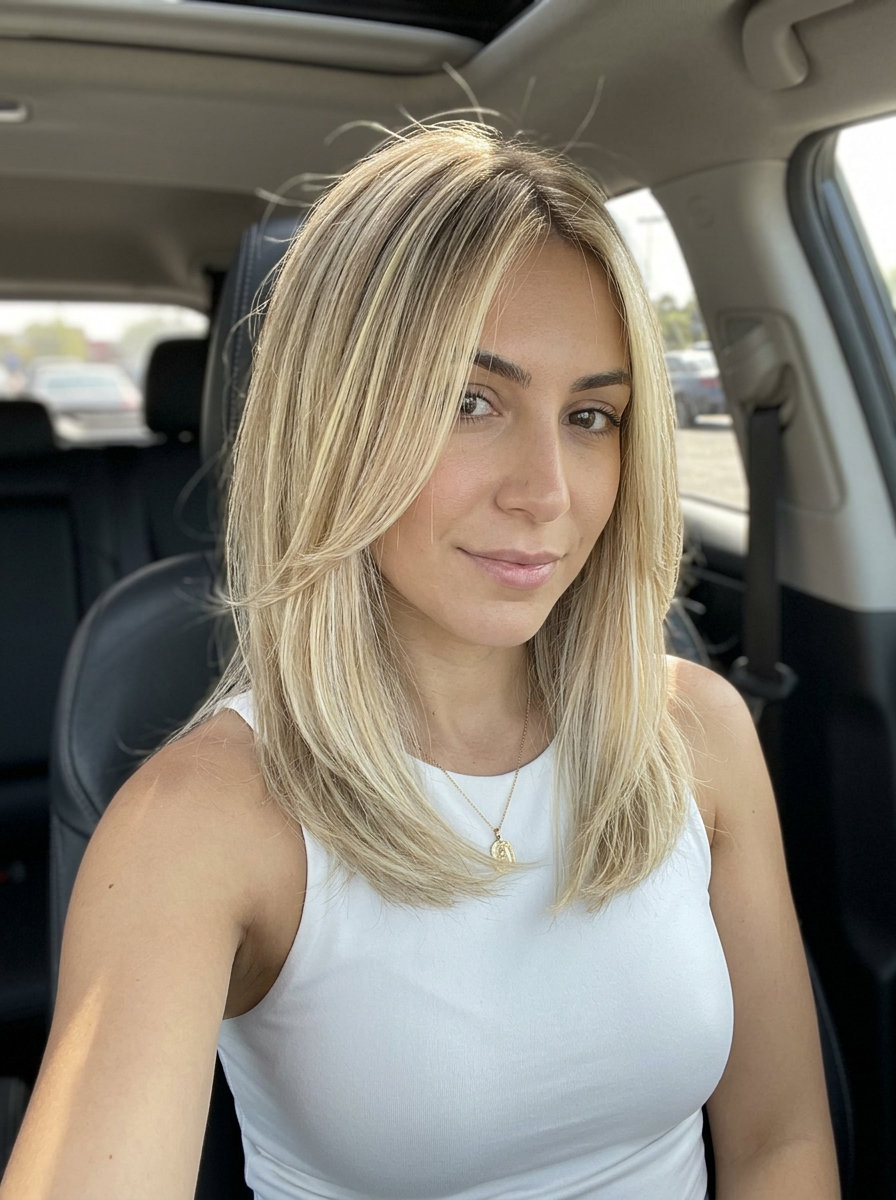 Luminous Butter Blonde Highlights 2026 shoulder-length butter blonde highlights with vanilla tones, fine weave technique for a luminous look