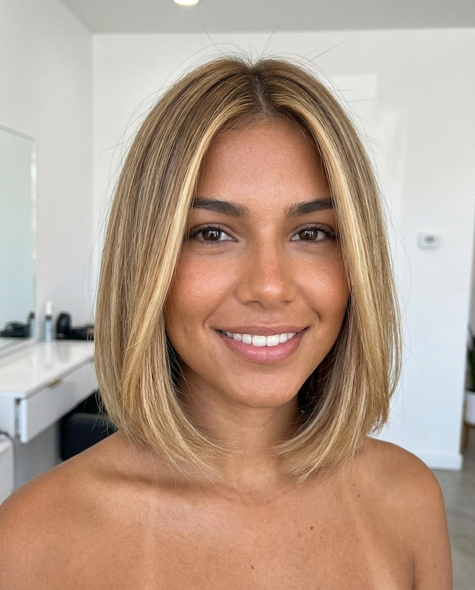 chin-length blunt bob haircut with buttercream balayage, honey money pieces, and invisible layers for soft effortless style