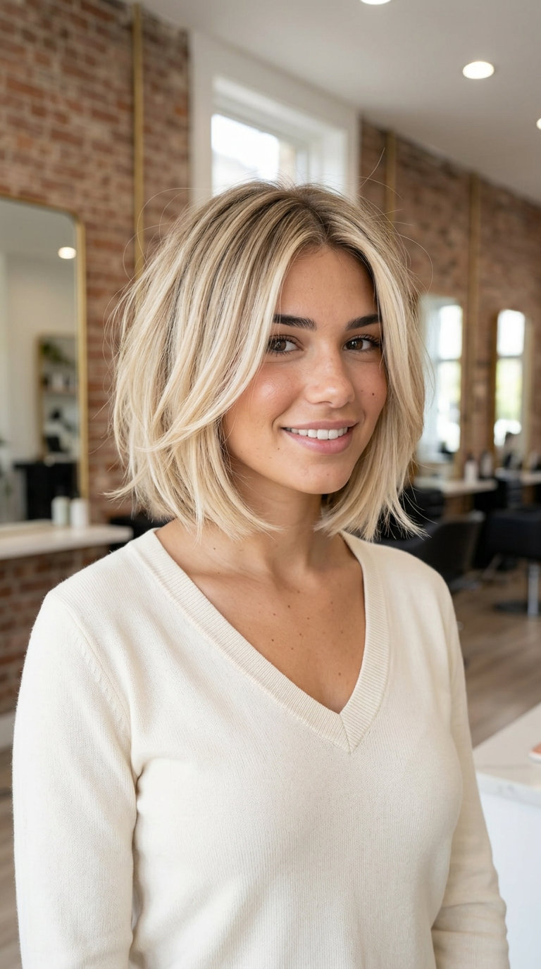 chin-length layered bob with buttercream blonde balayage and face-framing layers for beach day