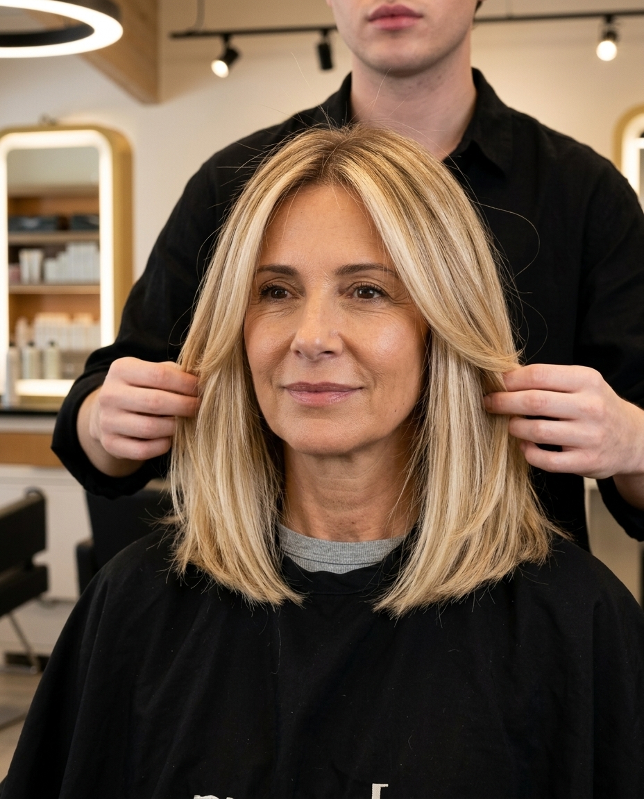 collarbone-length buttercream blonde lob haircut with honey babylights and face-framing layers for summer