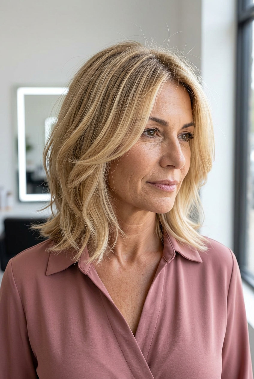 layered medium bob haircut with honey babylights and face-framing layers for summer