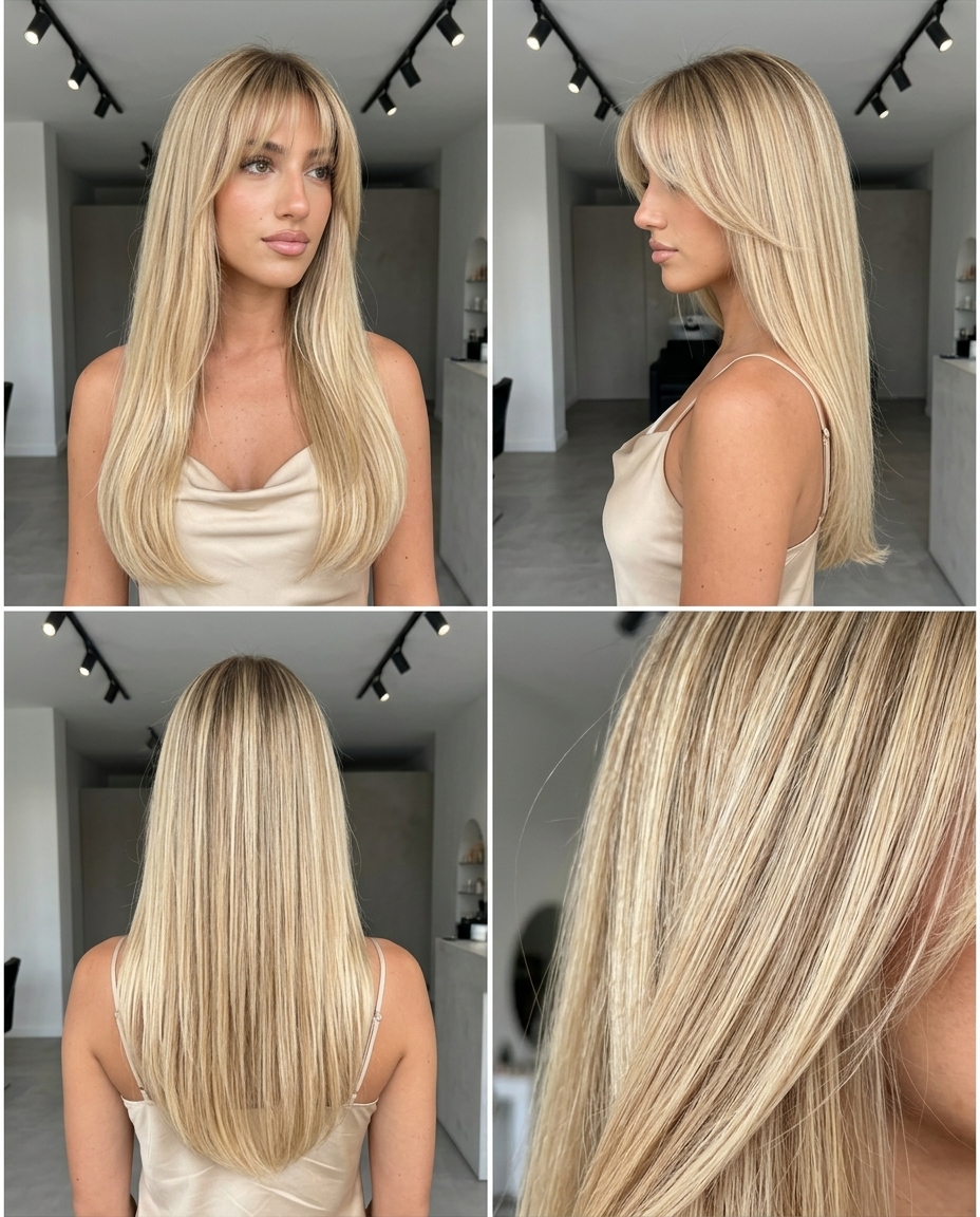 Buttercream Blonde Birkin Bangs 2026 long haircut with warm buttercream blonde and vanilla tones, wispy Birkin bangs — romantic, feminine
