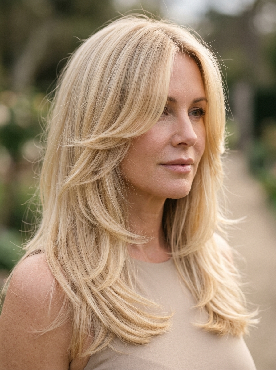 Romantic Buttercream Blonde Butterfly Cut 2026 long buttercream blonde butterfly haircut with honey lowlights for summer