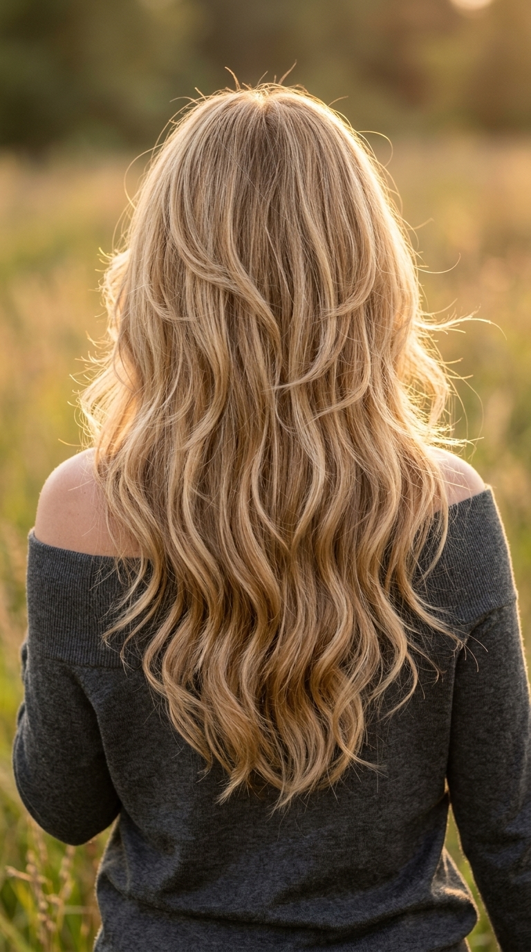 Buttercream Blonde Butterfly Cut 2026 long buttercream blonde balayage with butterfly layers and face-framing pieces for round face