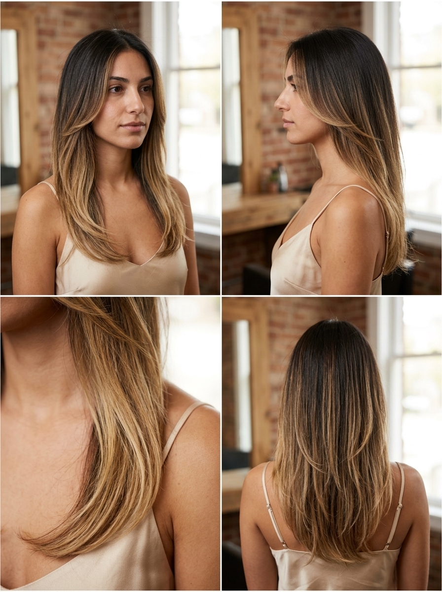 long buttercream blonde balayage with honey base, seamless internal layers, no fringe — romantic summer vibes