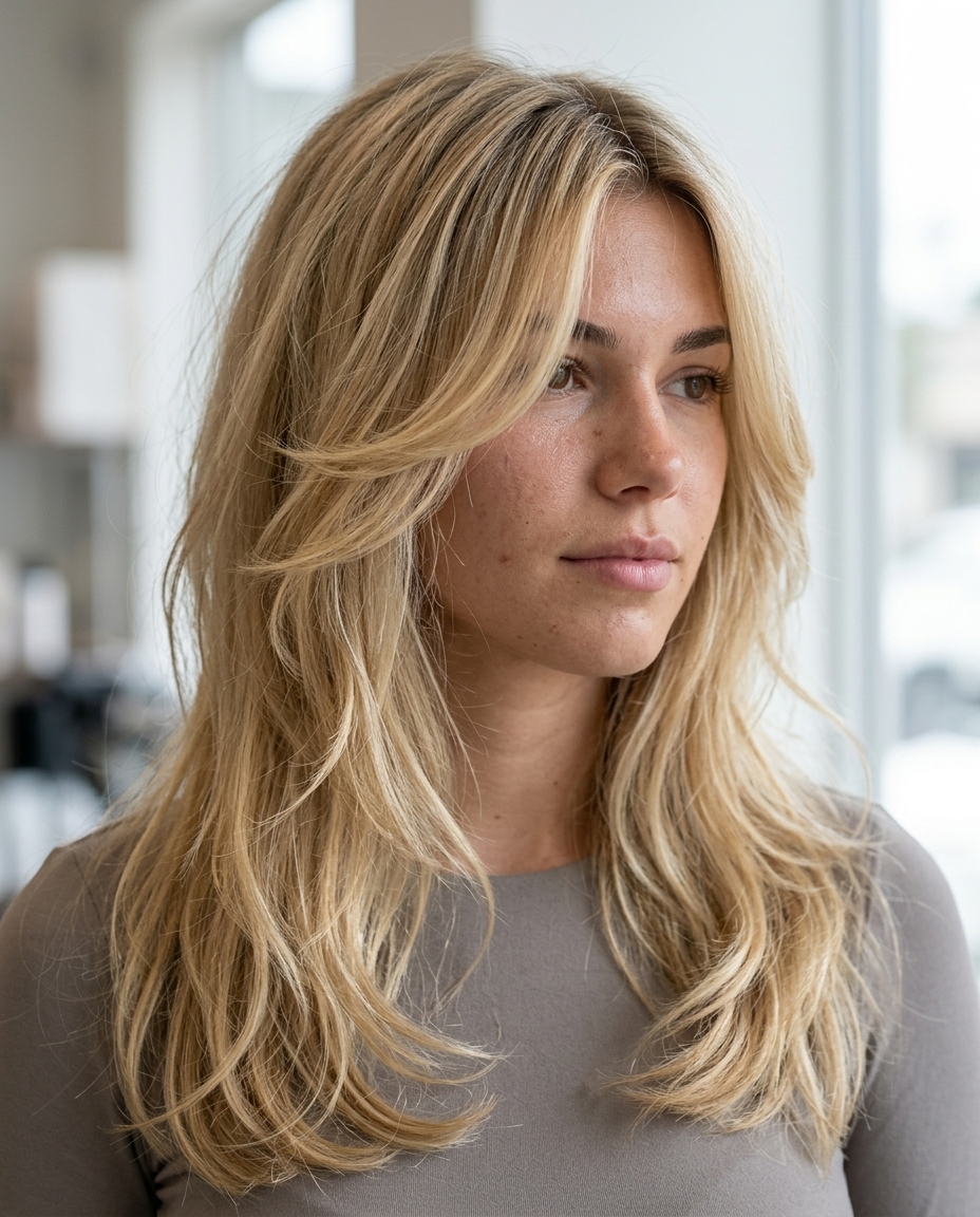 long shag haircut with buttercream blonde, soft internal layers and curtain bangs for effortless bohemian style