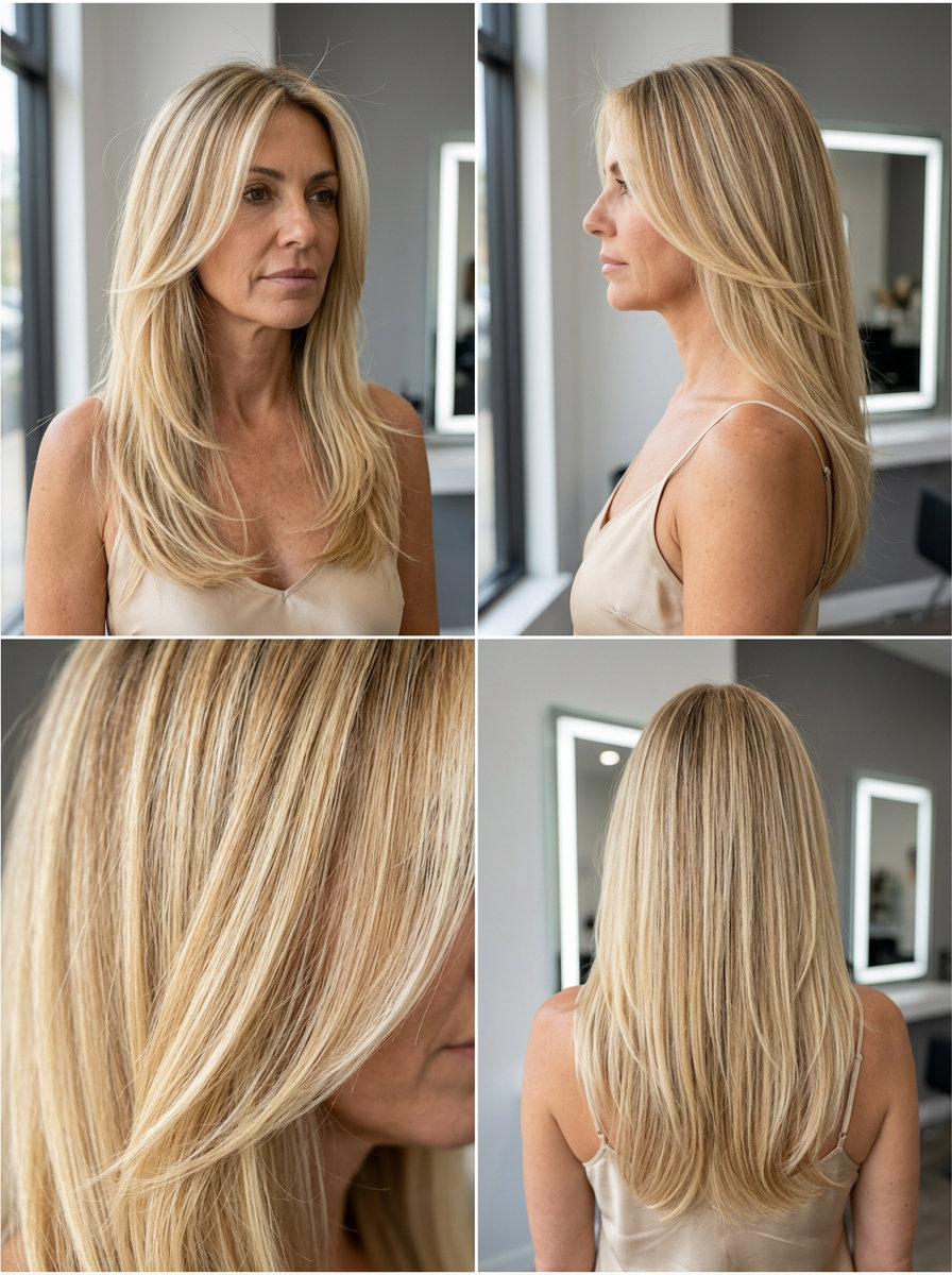 long buttercream blonde haircut with wispy layers and face-framing bangs for summer