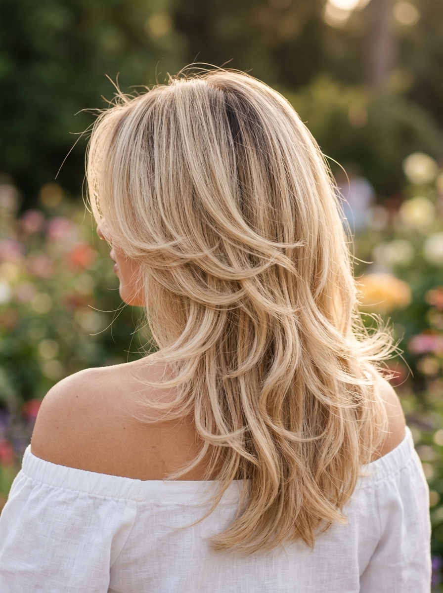 medium butterfly cut haircut with buttercream blonde, airy face-framing layers for summer weddings