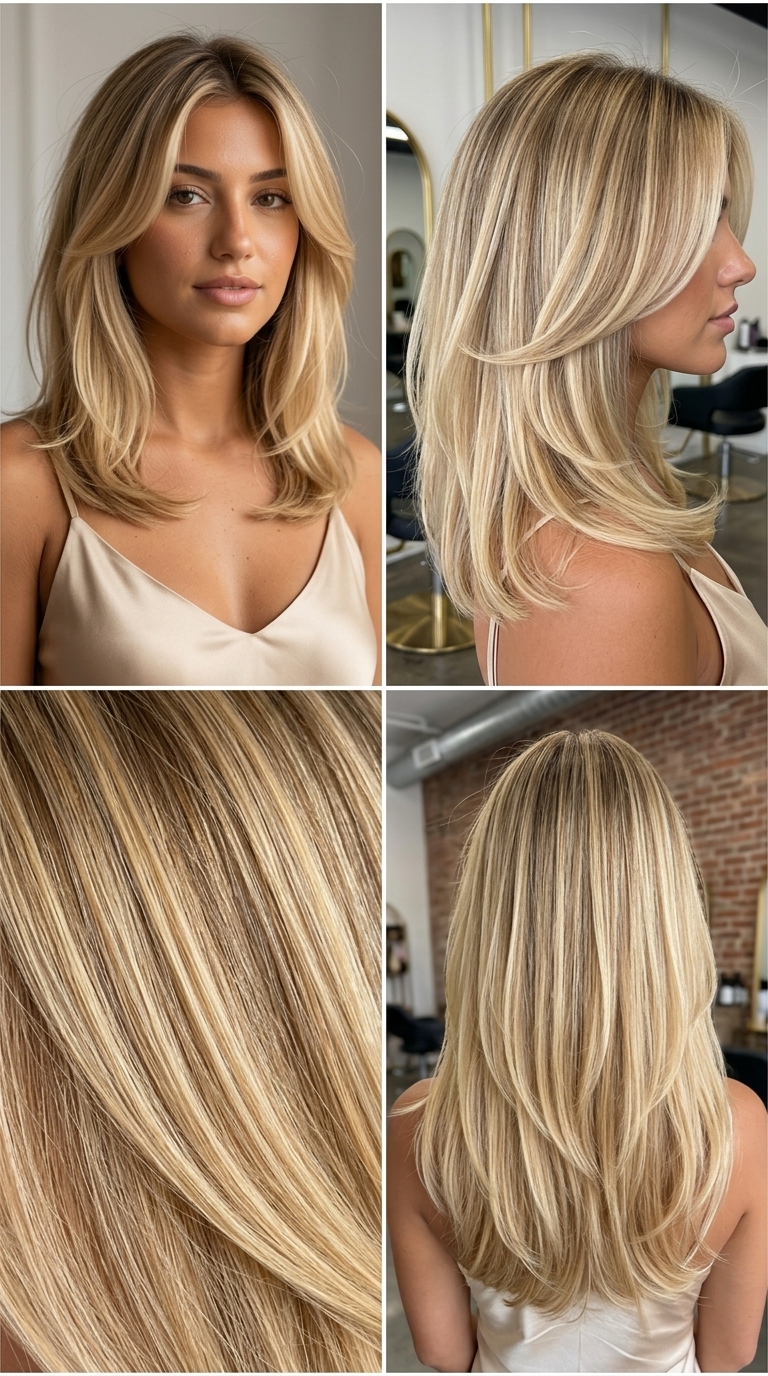 medium curve cut haircut with buttercream blonde & golden vanilla babylights, 'C' shaped layers — elegant