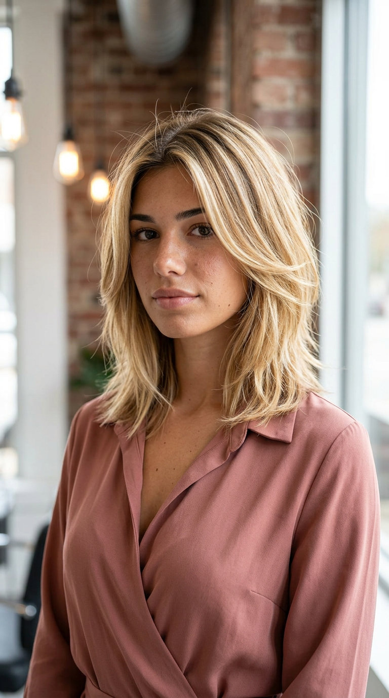 medium-length shag haircut with buttercream blonde, razored layers and face-framing layers for playful festival style