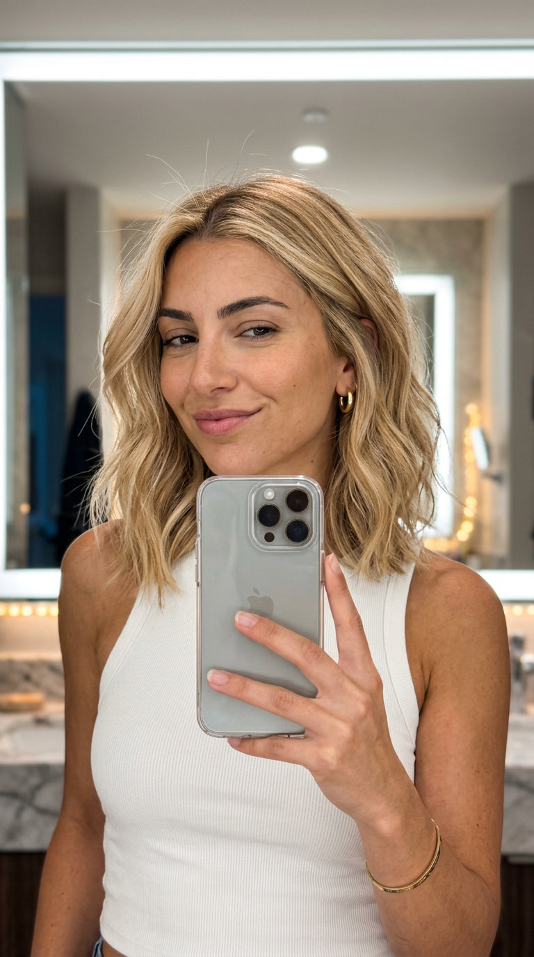 medium diffused lob haircut with buttercream blonde & honey babylights, soft face-framing layers — playful