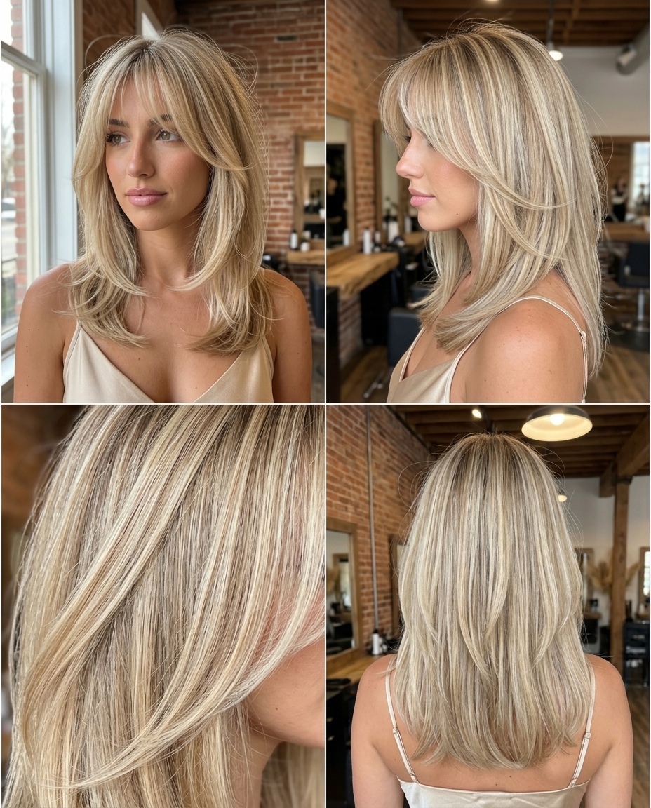 medium-long curve cut with buttercream blonde, honey highlights, wispy fringe — romantic summer date