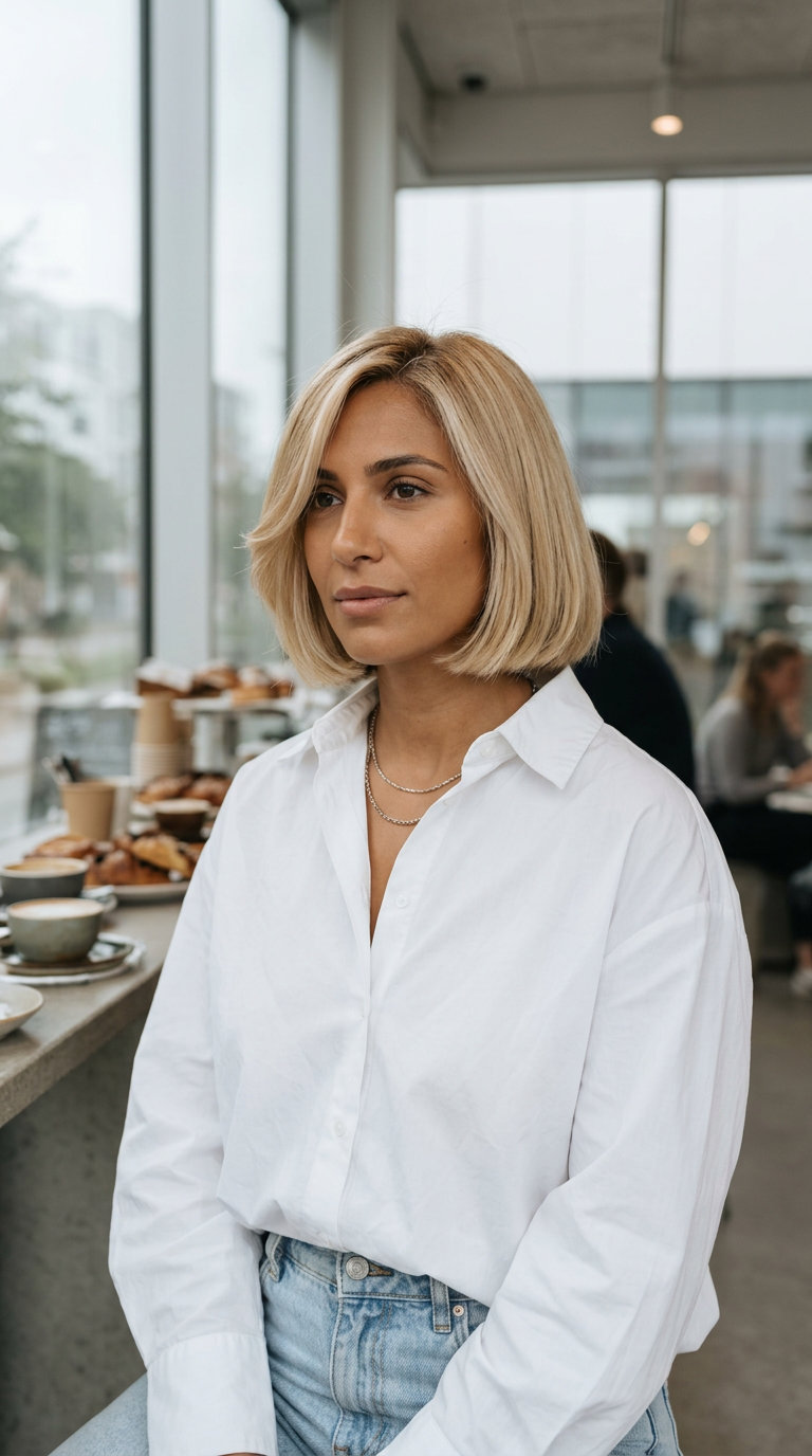 short bob buttercream blonde with pale gold highlights, blunt cut and deep side part — minimalist chic