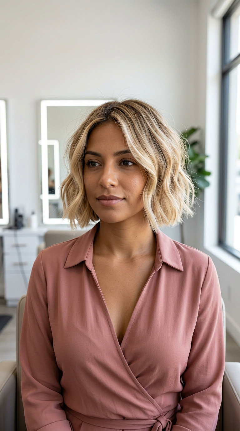 short wavy bob haircut with buttercream blonde, face-framing pieces for summer