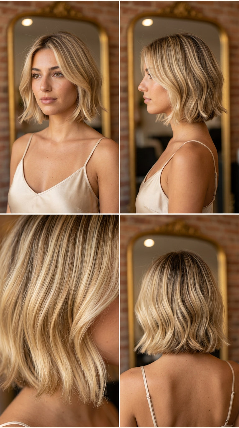 Buttercream Blonde French Bob 2026 short french bob haircut in buttercream blonde with honey babylights, dark vanilla root shadow, angled perimeter — soft luxurious