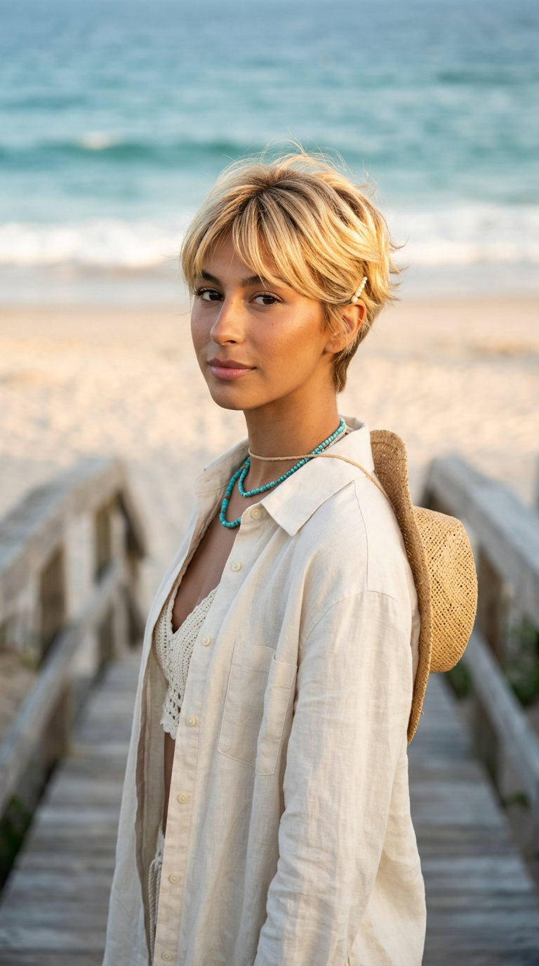 short pixie haircut in warm buttercream blonde with babylights and soft fringe for bohemian weekends
