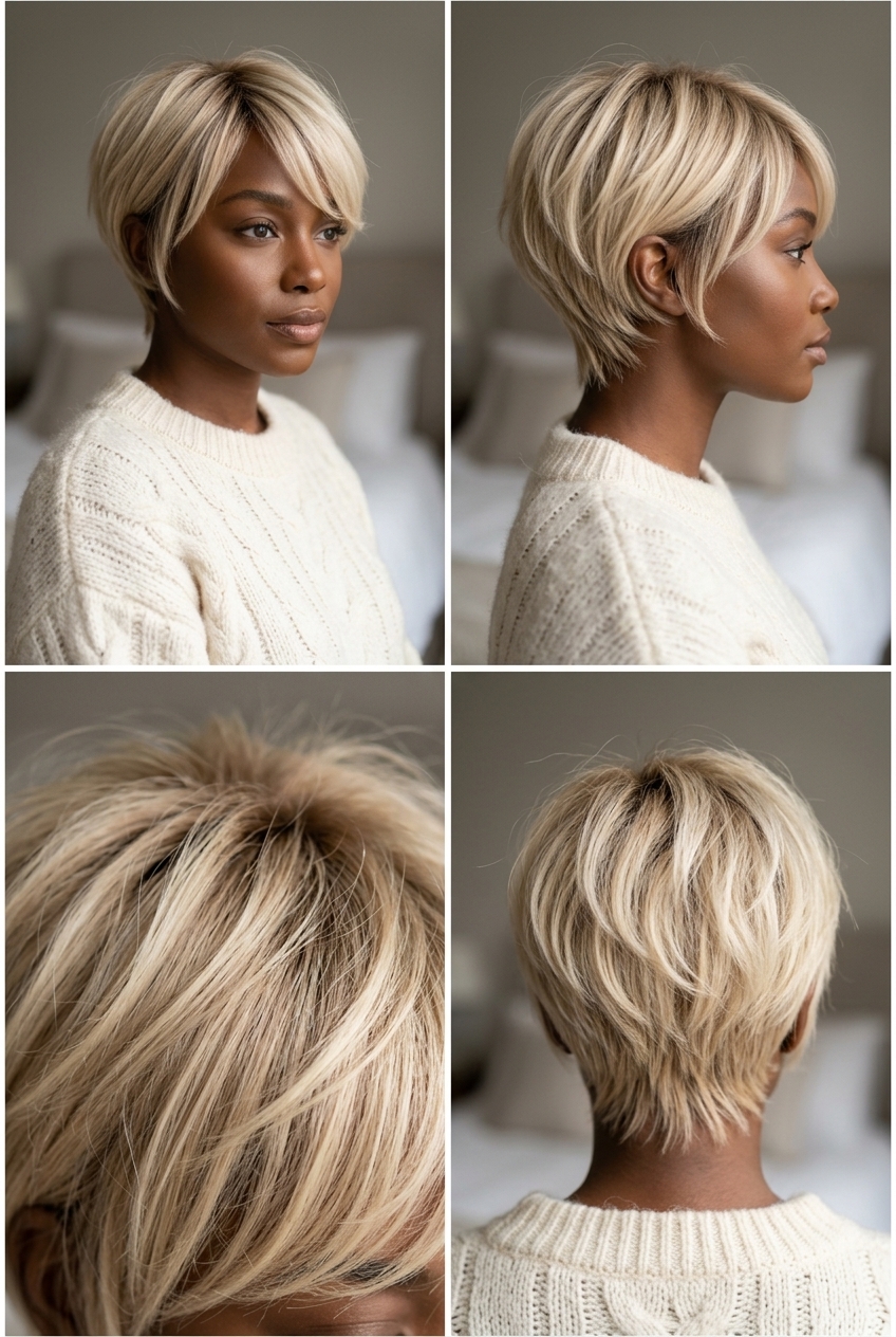 short textured pixie haircut in warm buttercream blonde with babylights and side-swept fringe for date night