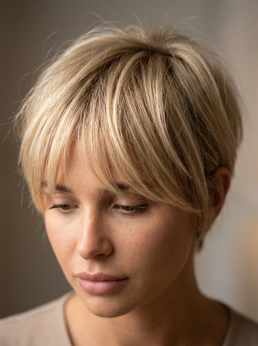 short buttercream blonde pixie haircut with textured layers and piecey bangs for summer