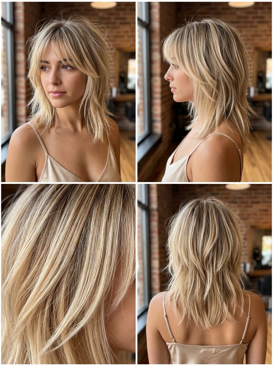 medium-length shag haircut with buttercream blonde balayage and wispy bangs, choppy layers for retro vibe