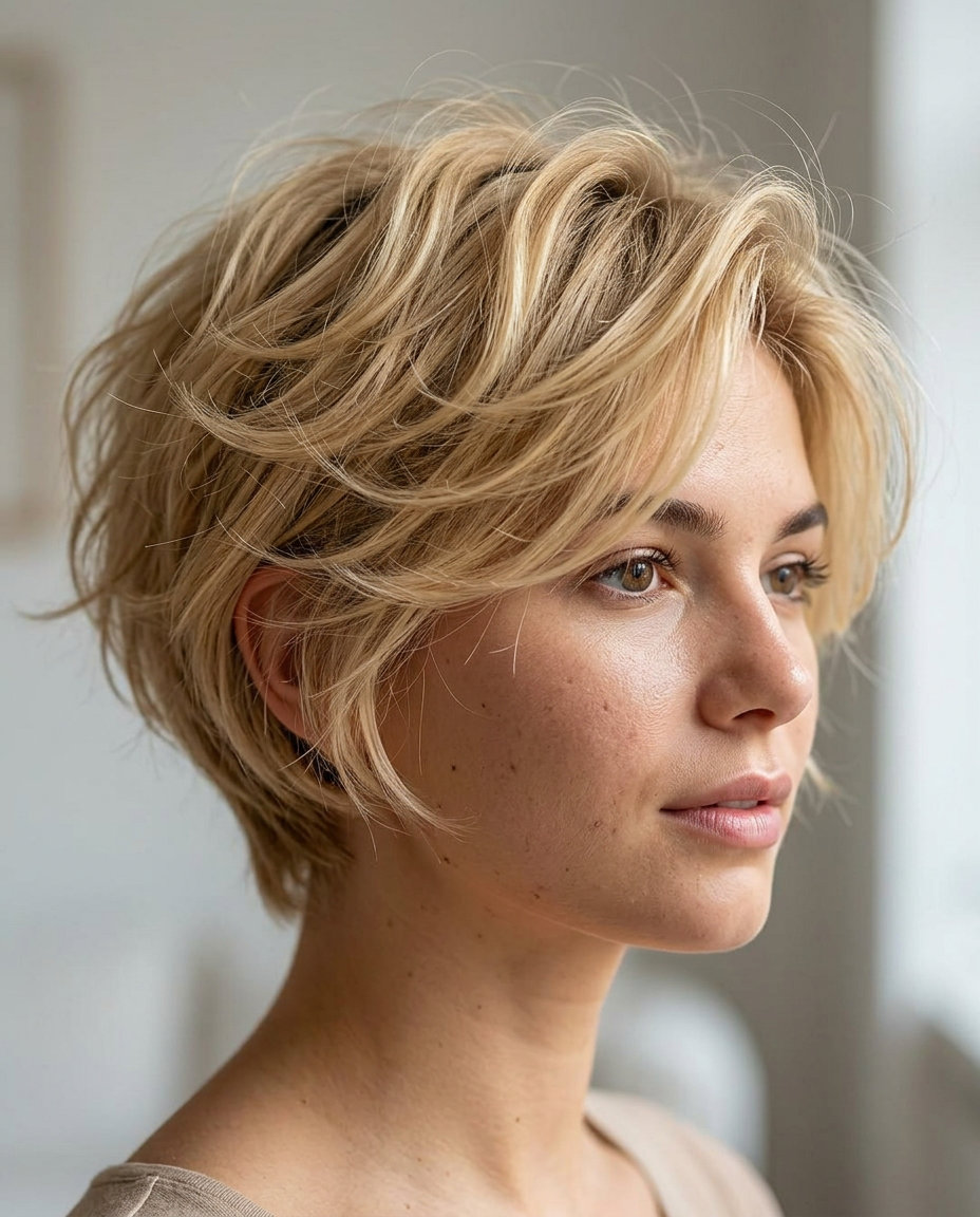 Effortless Summer Pixie Haircuts 2026: Buttercream Blonde very short layered pixie haircut with buttercream blonde and honey babylights, soft taper — romantic garden party