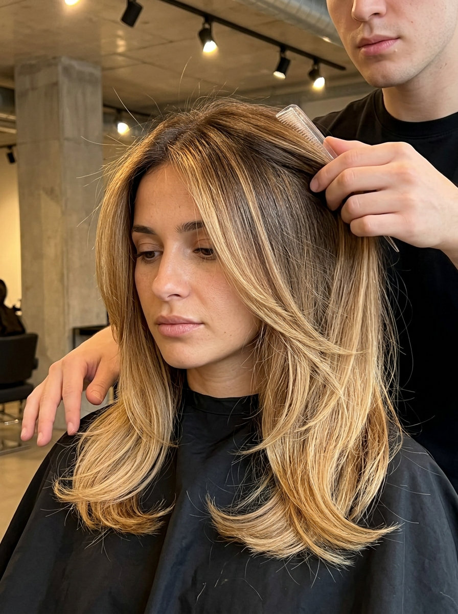 long butterscotch blonde ombré highlights with golden blonde ends, playful vibe
