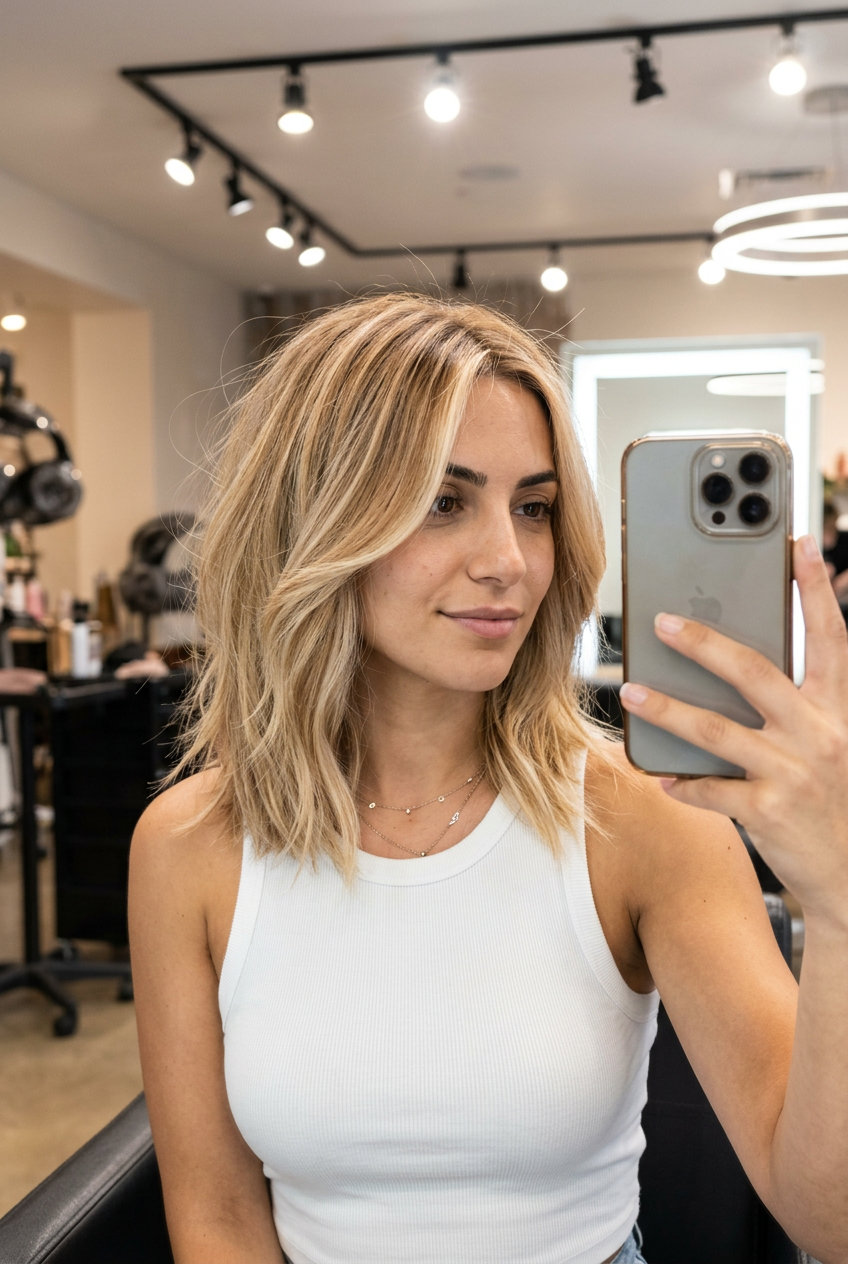 shoulder-grazing buttery blonde balayage lob with asymmetrical perimeter and face-framing for playful