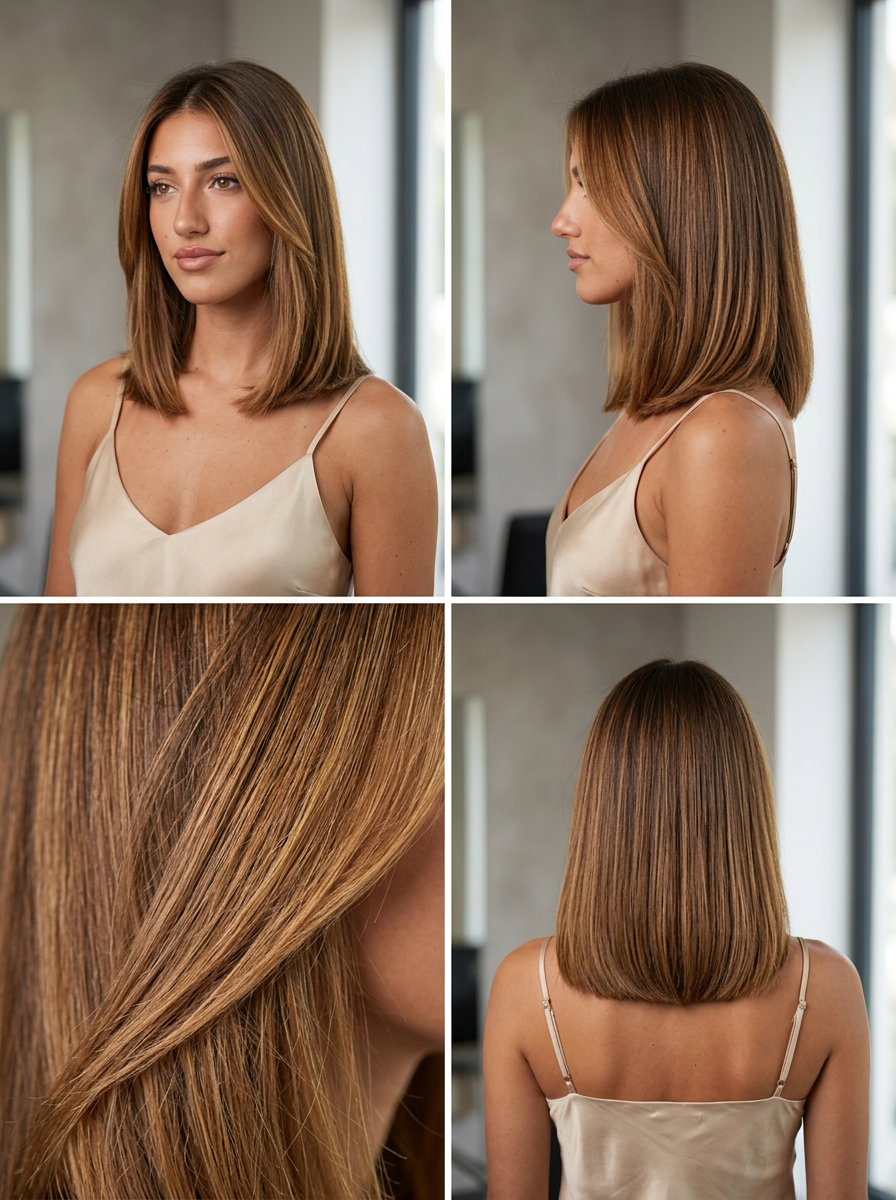 Caramel Glaze Collarbone Cut 2026 medium blunt collarbone cut with warm caramel balayage, golden face-framing — effortless sophisticated
