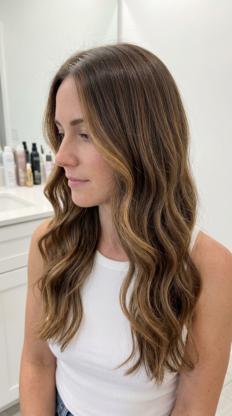 Caramel Balayage Long Hair 2026 long caramel blonde balayage with internal layers and sweeping side bangs for round face