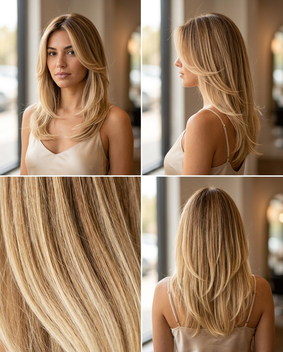 medium-long caramel blonde balayage with ombre effect and face-framing layers for brunch