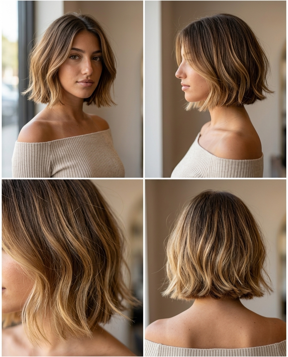 Sun-Kissed Ombré French Bob 2026 short french bob haircut in warm caramel ombré with golden blonde ends, soft internal layers for beach vacation