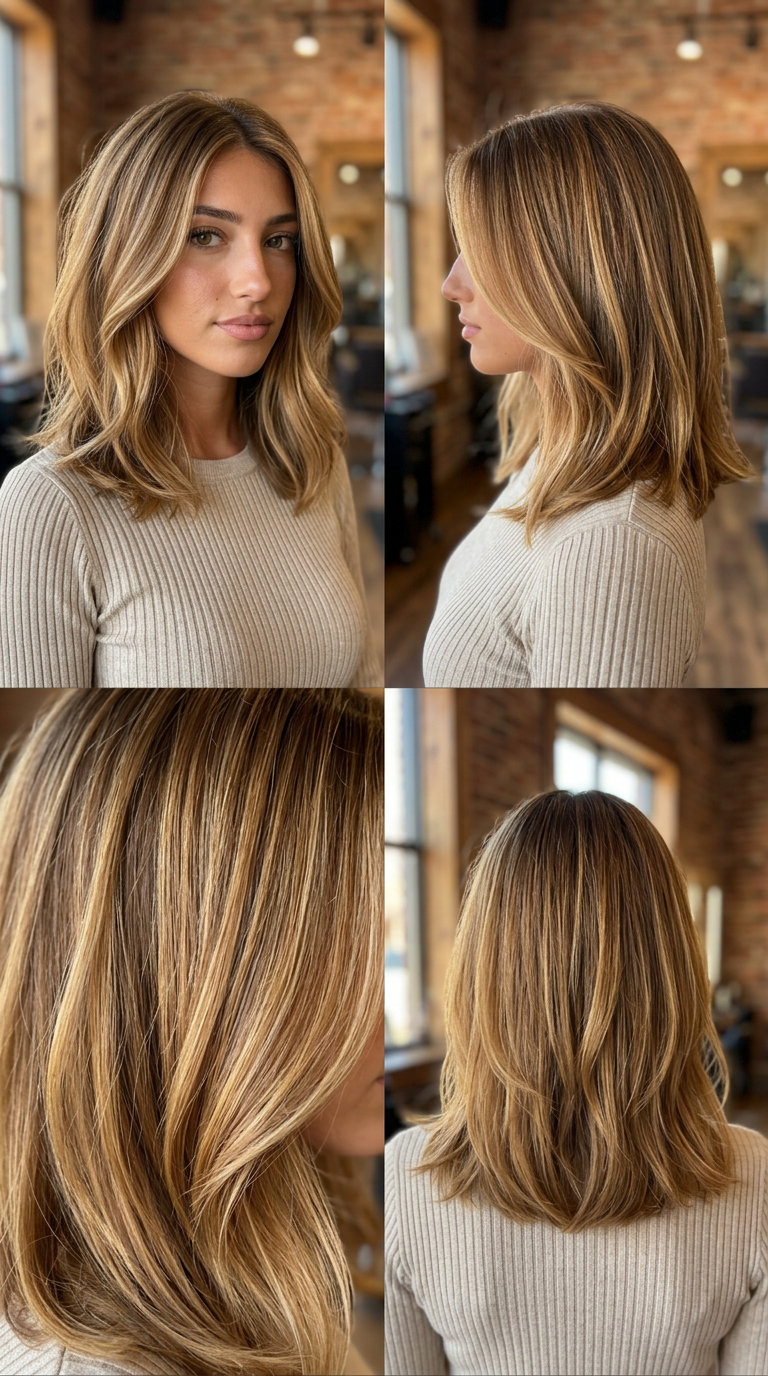shoulder-length caramel blonde balayage lob with subtle A-line and face-framing for chic office