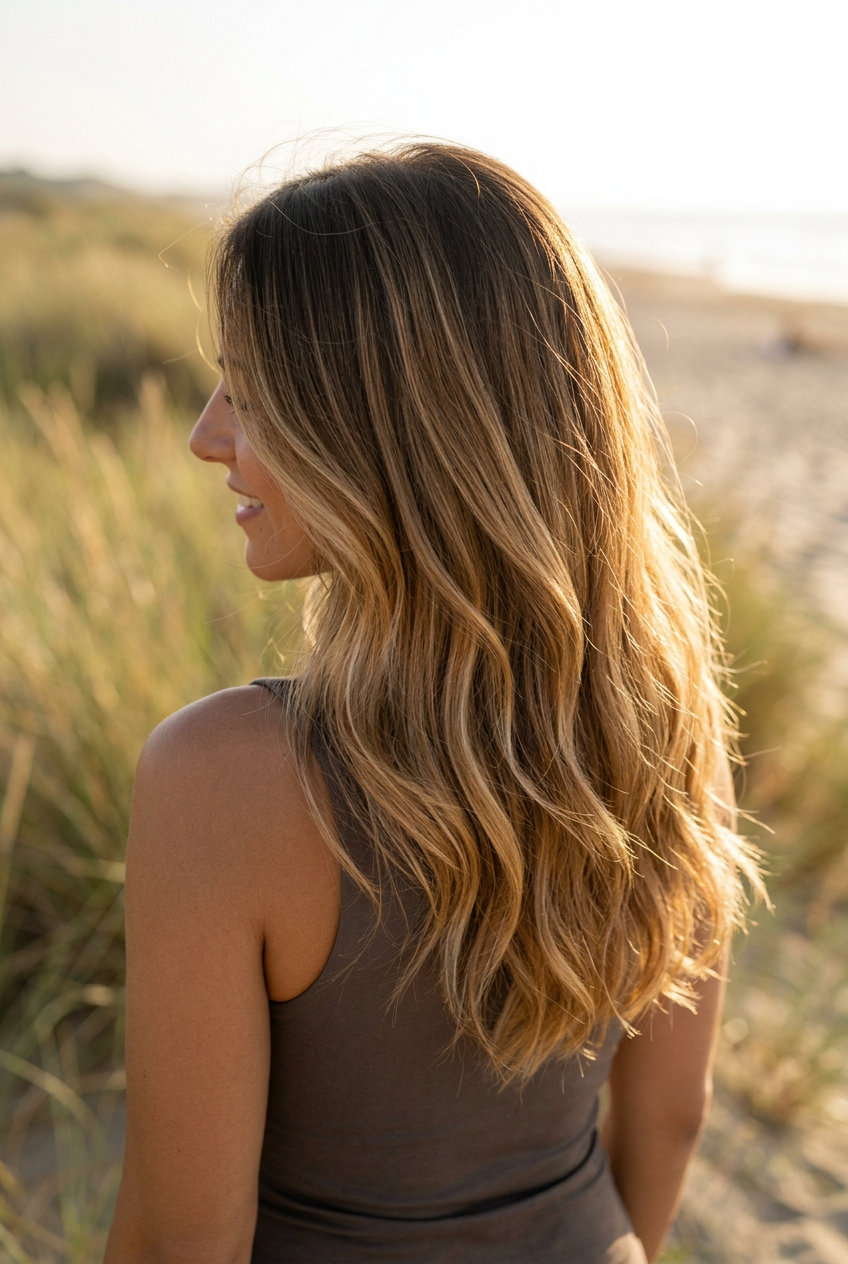 Effortless Caramel Honey Balayage 2026 Warm caramel honey brown balayage hair color with golden honey ends, long layered cut for effortless look