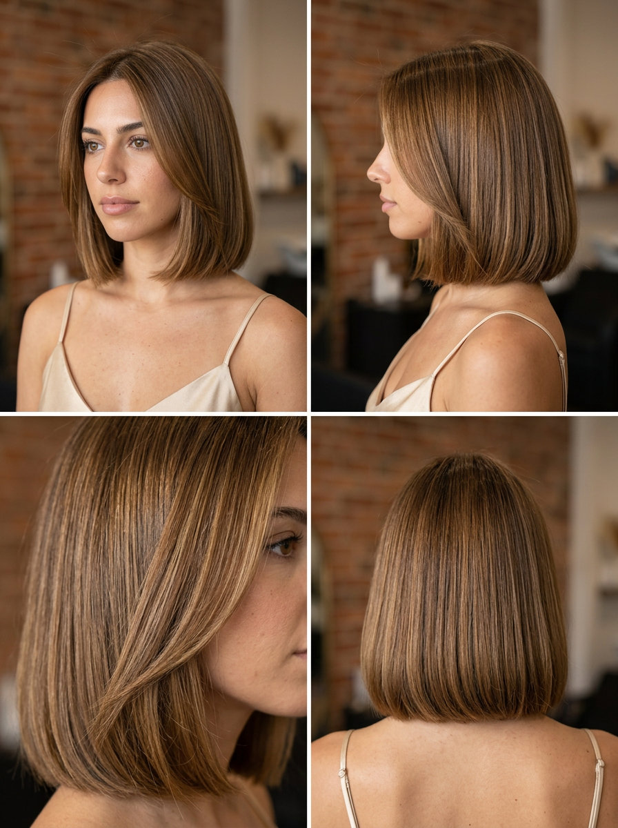 Nectar Brown Italian Bob 2026: Chic Honey Brown blunt bob with nectar brown caramel honey and subtle honey babylights for a chic look