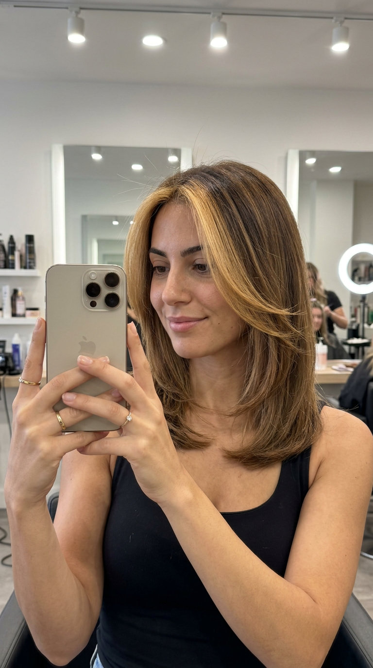 Face-Framing Honey Money Piece 2026: Bright Brunette medium layered hair with bright honey money piece for a trendy look