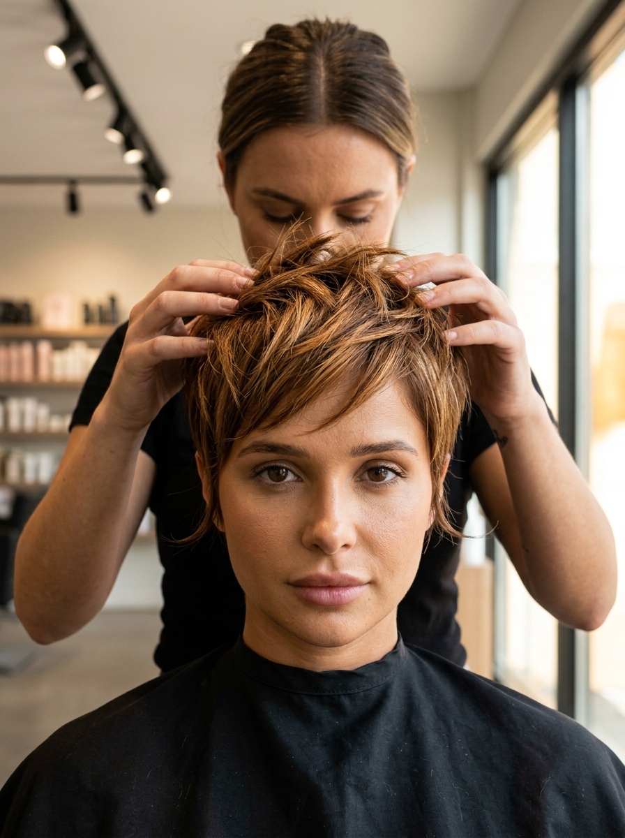 Honeycomb Pixie 2026: Bold Caramel Honey razored pixie cut with caramel honey brown and butterscotch highlights for an edgy look