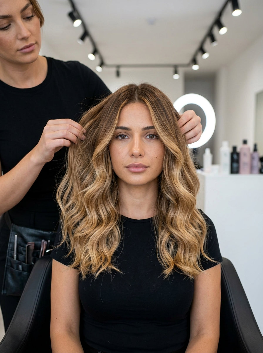 Romantic Caramel Blonde Balayage 2026 long caramel honey blonde highlights with root melt, balayage technique — romantic date night